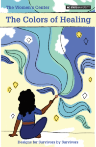 Cover of Colors of Healing coloring book, depicting an illustration of a Black woman painting in hues of blue and green