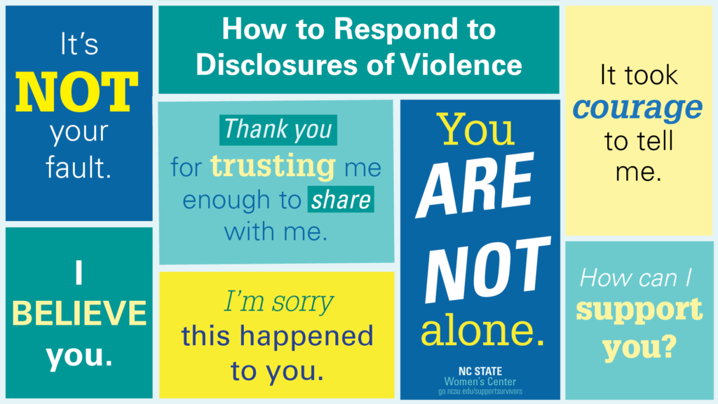 Color-blocked image with various helpful quotes to share if someone discloses they have experienced violence. Quotes include: It's not your fault. Thank you for trusting me enough to share with me. You are not alone. It took courage to tell me. I believe you. I'm sorry this happened to you. How can I support you?