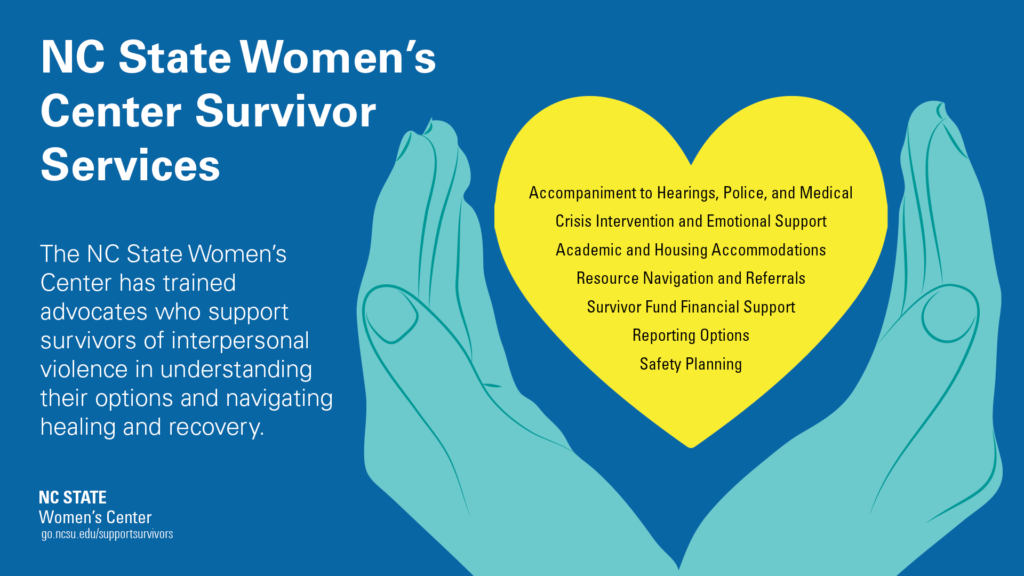 Blue image with hands and a heart. Heading says NC State Women's Center Survivor Services, and below is a paragraph that says The NC State Women's Center has trained advocates who support survivors of interpersonal violence in understanding their options and navigating recovery. 