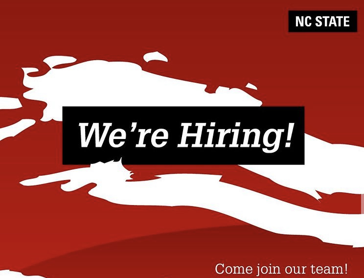 Image with red background and white splashes. In the middle is a black banner with white lettering that says "We're hiring!"